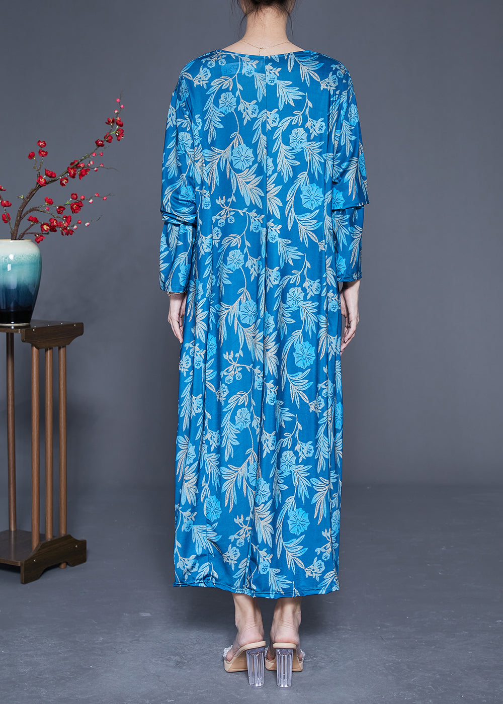 Blue Print Silk Holiday Dresses V Neck Oversized Spring