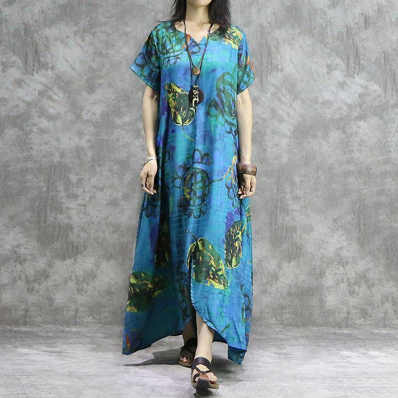 Blue Print V-Neck Loose Modern linen Irregular clothes Casual Spliced Floral Dress - Omychic