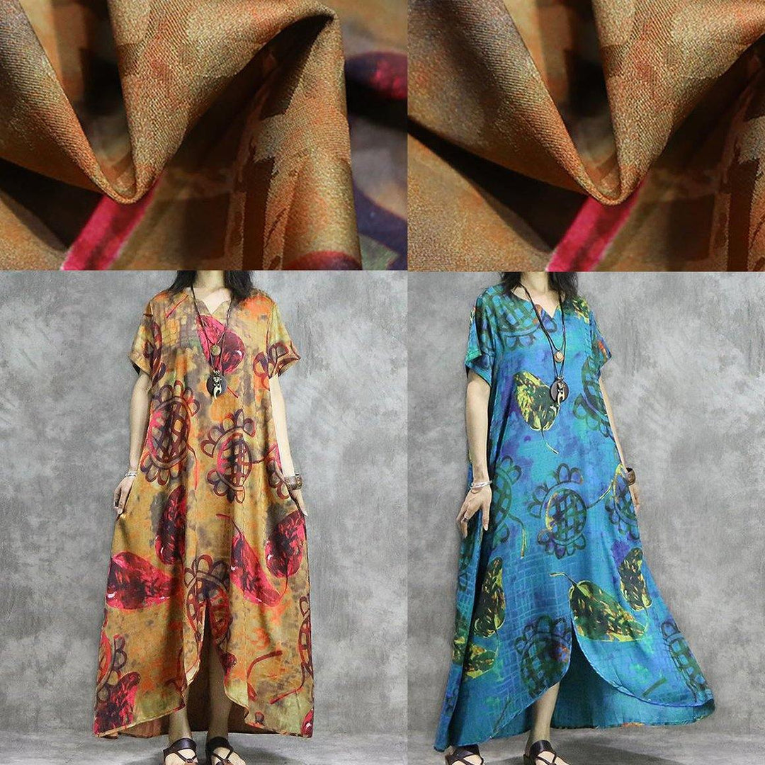 Blue Print V-Neck Loose Modern linen Irregular clothes Casual Spliced Floral Dress - Omychic