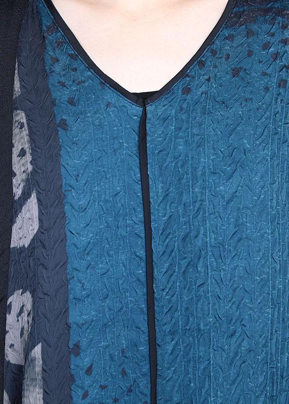 Blue Retro V Neck Patchwork Summer Robe Dresses Bat wing Sleeve - Omychic