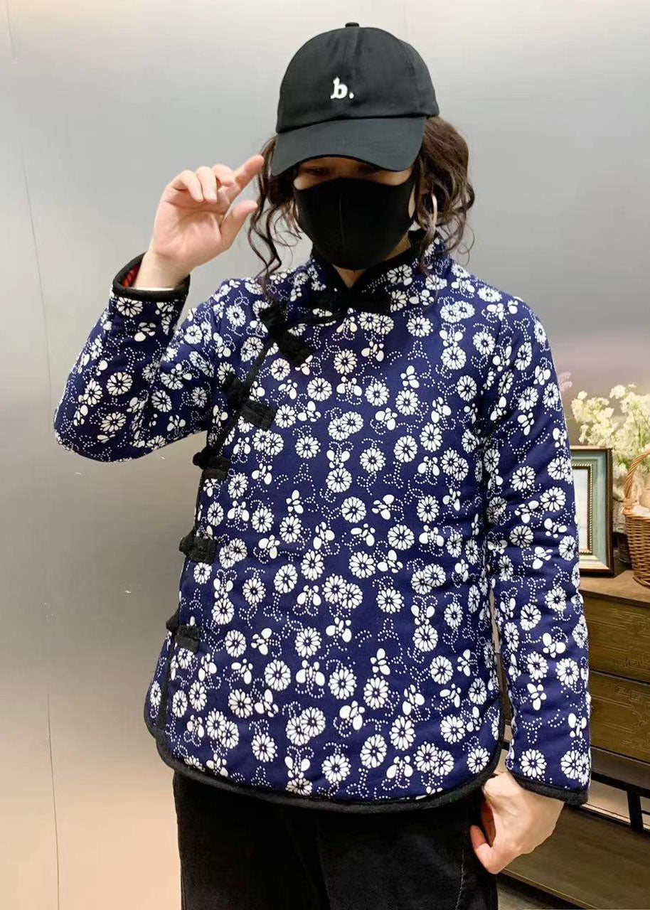 Blue Slim Fit Fine Cotton Filled Coats Stand Collar Print Winter