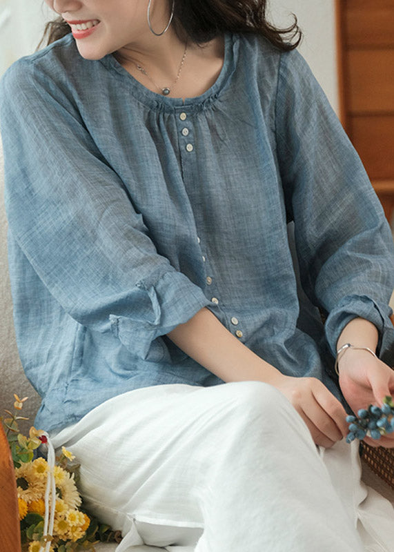 Blue Solid Linen Shirt Top Button Ruffled Long Sleeve