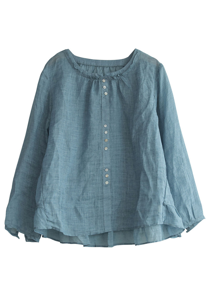 Blue Solid Linen Shirt Top Button Ruffled Long Sleeve