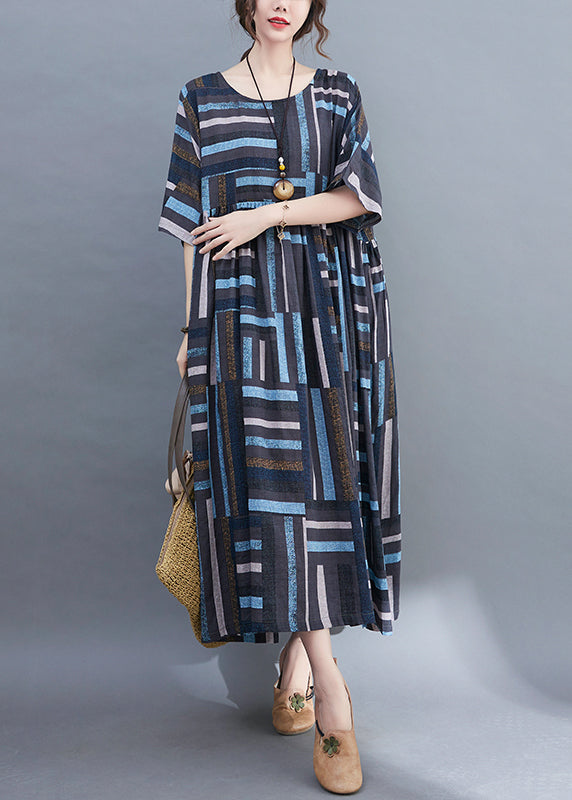 Blue Striped Baggy Long Dresses Wrinkled Short Sleeve