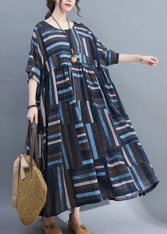 Blue Striped Baggy Long Dresses Wrinkled Short Sleeve