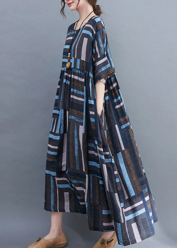 Blue Striped Baggy Long Dresses Wrinkled Short Sleeve