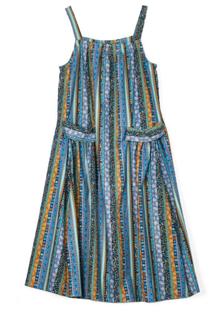 Blue Striped Pockets Patchwork Cotton Spaghetti Strap Dress Fall