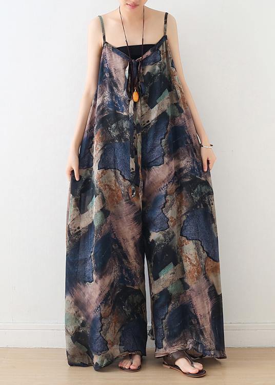 Blue Suspender Print Women Summer New Oversized Wide Leg Pants - Omychic