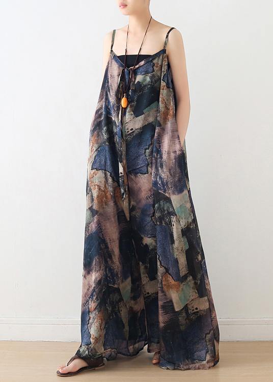 Blue Suspender Print Women Summer New Oversized Wide Leg Pants - Omychic