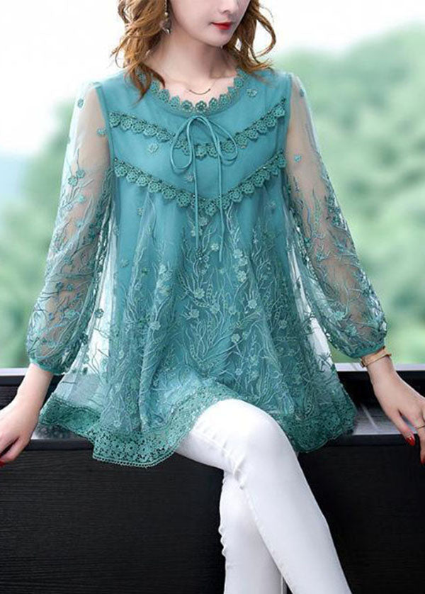 Blue Tulle A Line Top Embroideried Hollow Out Summer