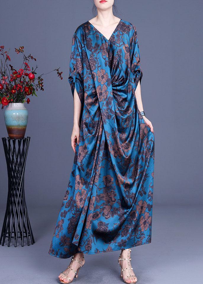 Blue Vogue Print Summer Silk Robe Dresses Half Sleeve - Omychic