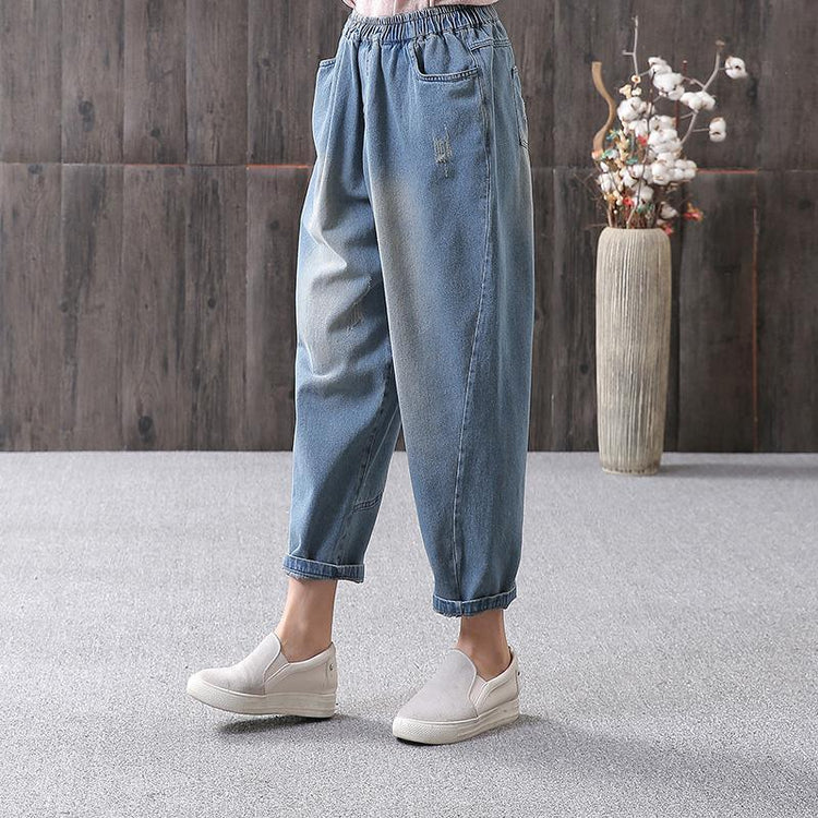 Blue Women cotton Loose Washed Denim Casual Pants - Omychic