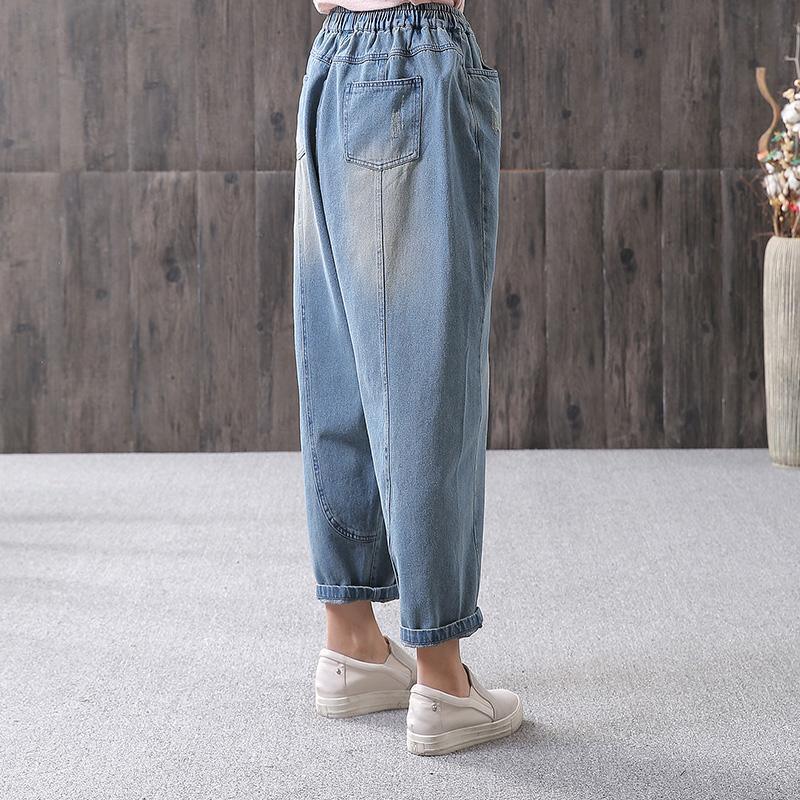 Blue Women cotton Loose Washed Denim Casual Pants - Omychic