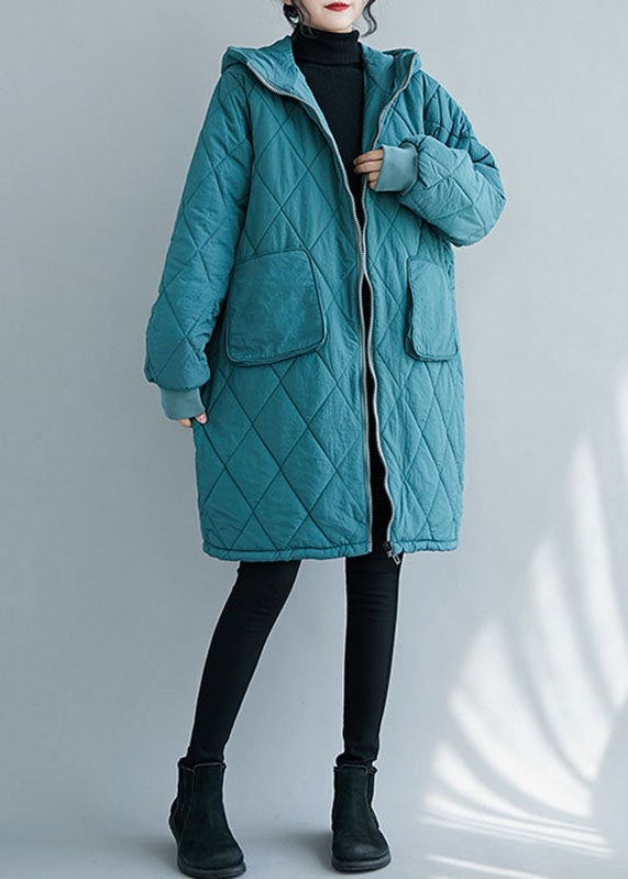 Blue Zippered Pockets Thick Hooded Parka Winter