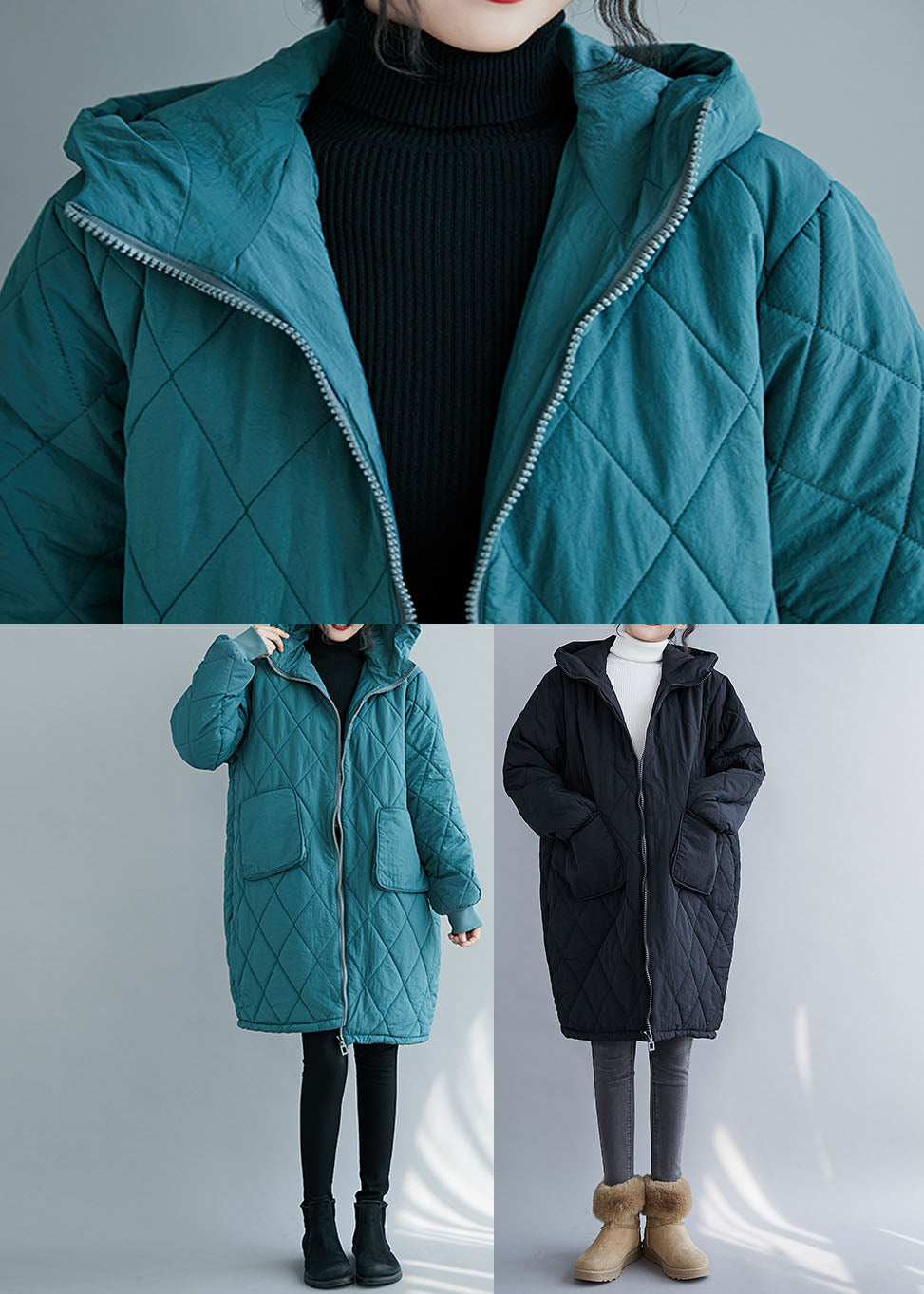Blue Zippered Pockets Thick Hooded Parka Winter