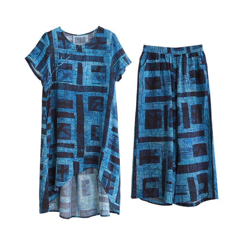 Blue printed silk linen suit female large size irregular long shirt casual wide leg pants summer new - Omychic