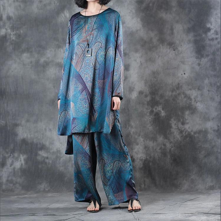 Blue Prints Vintage Chiffon Low High T Shirt And Wide Leg Pants Two Pieces ( Limited Stock) - Omychic