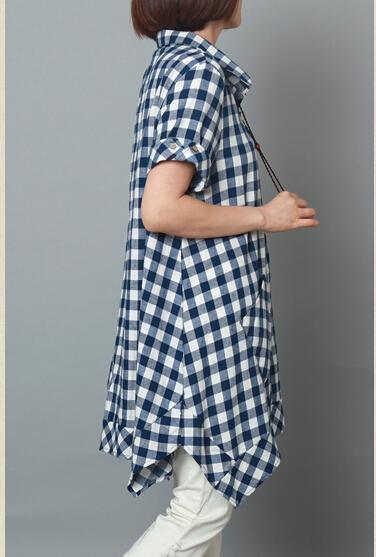 Blue Plaid oversize linen summer dress cotton grid sundress - Omychic