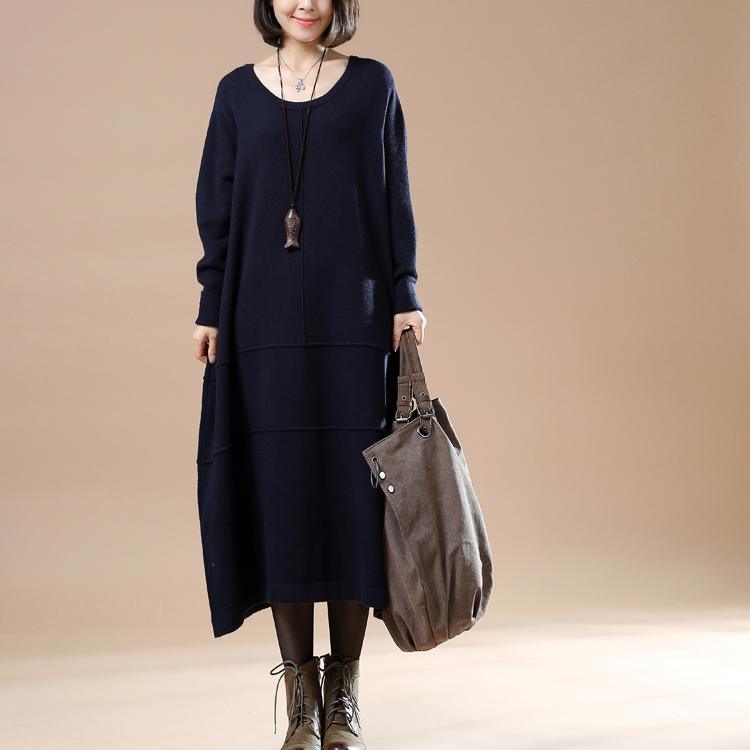Blue baggy knit maxi dresses plus size spring sweaters - Omychic