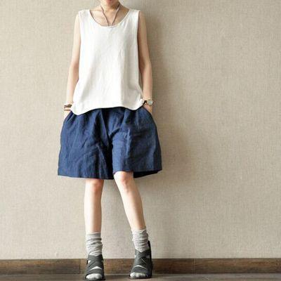 Blue casual linen shorts plus size summer short pants - Omychic