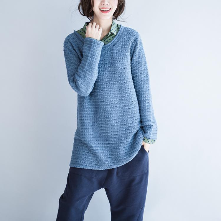 Blue cozy sweaters knit pullover top plus size cotton sweater - Omychic
