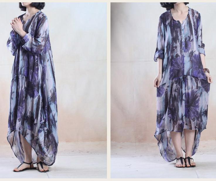 purple elegant floral maxi sundress long summer dress oversize holiday dress gown - Omychic