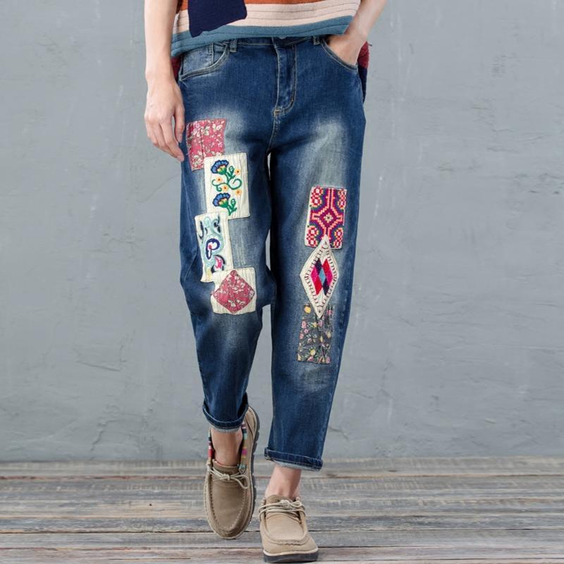 Blue embroidered denim pants stylish weekend women trousers - Omychic