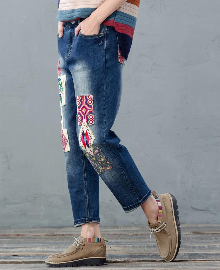 Blue embroidered denim pants stylish weekend women trousers - Omychic