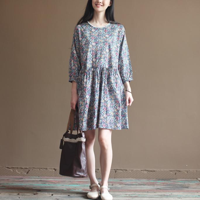 Blue floral cotton dresses bracelet sleeve fit flare dress long sleeve - Omychic