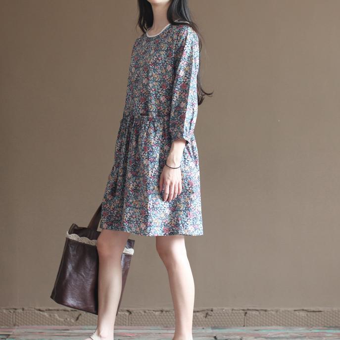 Blue floral cotton dresses bracelet sleeve fit flare dress long sleeve - Omychic