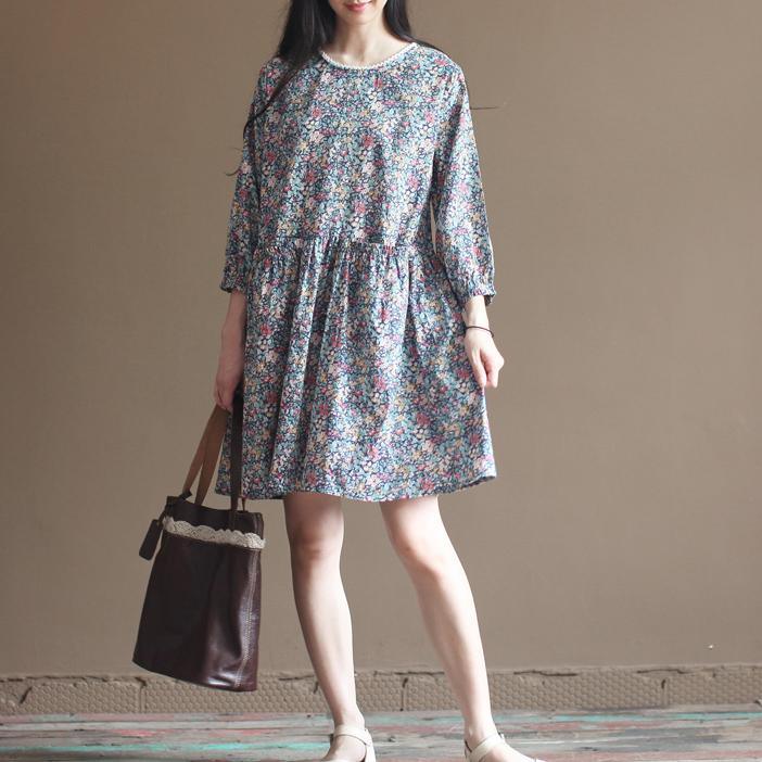 Blue floral cotton dresses bracelet sleeve fit flare dress long sleeve - Omychic