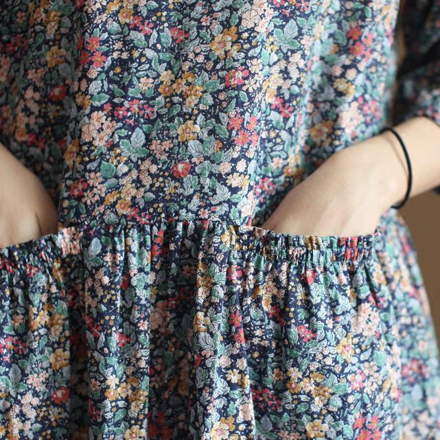 Blue floral cotton dresses bracelet sleeve fit flare dress long sleeve - Omychic