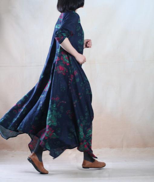 Blue floral cotton maxi dress long linen dress gown plus size - Blooming garden - Omychic