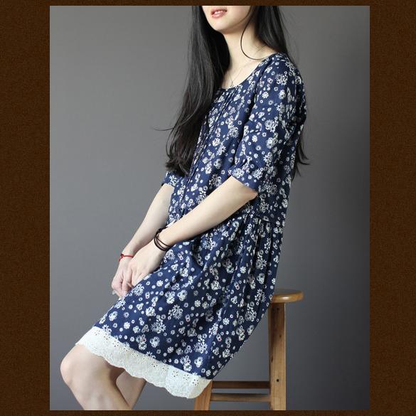 Blue floral cotton sundress plus size cotton shift dresses - Omychic