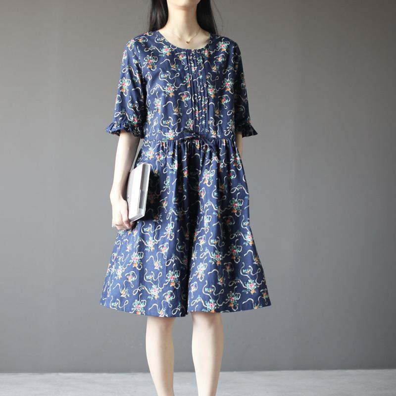 Blue floral cotton sundress plus size fit flare dress half sleeve - Omychic