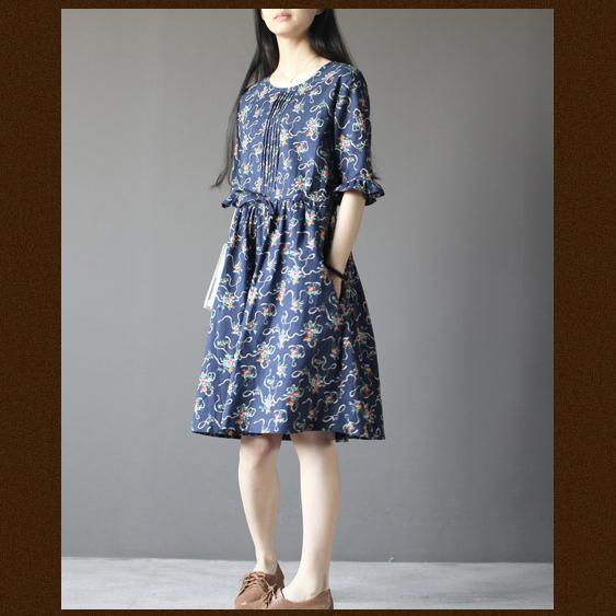 Blue floral cotton sundress plus size fit flare dress half sleeve - Omychic