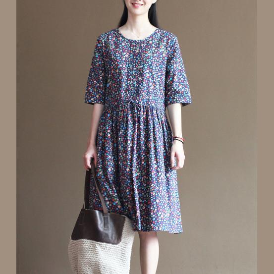 Blue floral fit flare cotton sundress half sleeve pleated dresses - Omychic