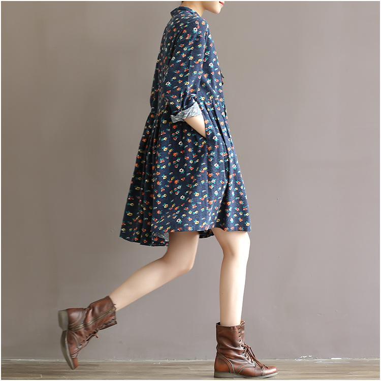 Blue floral fit flare dress oversize shirt dresses spring cotton casual dresses - Omychic