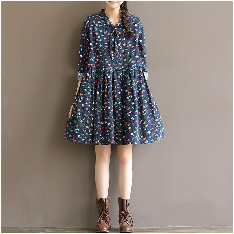 Blue floral fit flare dress oversize shirt dresses spring cotton casual dresses - Omychic