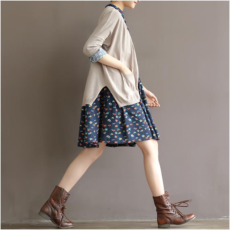 Blue floral fit flare dress oversize shirt dresses spring cotton casual dresses - Omychic