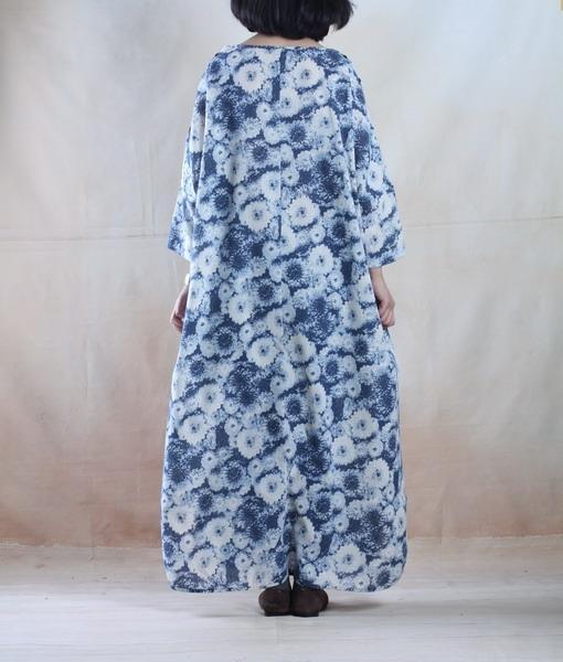 Blue floral linen maxi dress floor longth linen dresses gown - Omychic