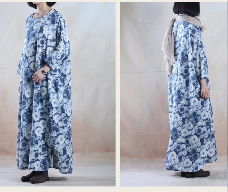 Blue floral linen maxi dress floor longth linen dresses gown - Omychic