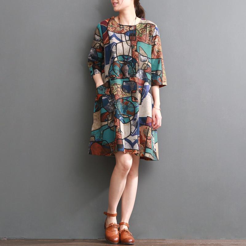Blue floral shift dresses summer cotton dress causal style - Omychic
