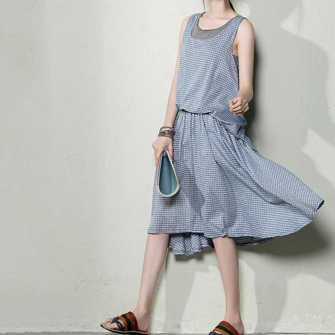 Blue grid cotton summer dress long layered maxi dresses maternity dresses layered - Omychic