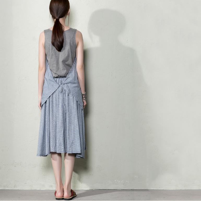 Blue grid cotton summer dress long layered maxi dresses maternity dresses layered - Omychic