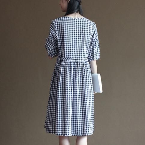 Blue grid cotton sundress half sleeve summer maxi dresses - Omychic