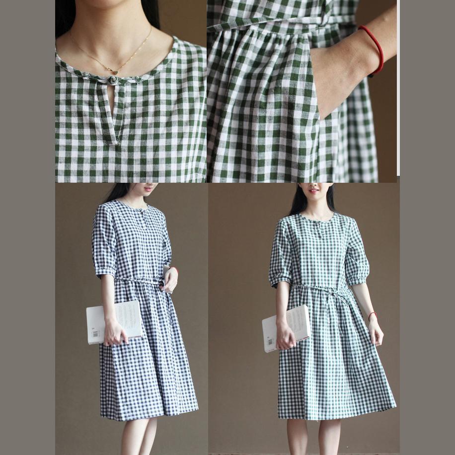 Blue grid cotton sundress half sleeve summer maxi dresses - Omychic
