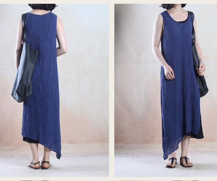 Blue layered linen summer maxi dress Asymmetric holiday dress - Omychic
