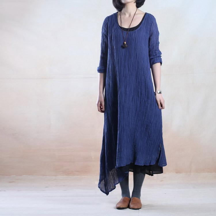 Blue layered pleated long linen dress maxis - Omychic