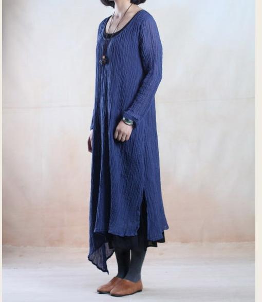 Blue layered pleated long linen dress maxis - Omychic